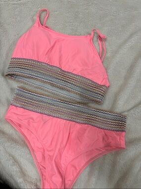 Girls Pink Two-Piece One-Piece Swim Set with Multicolor Chevron Trim